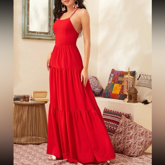 Red lace up back ruffle hem cami maxi dress - Picture 2 of 6